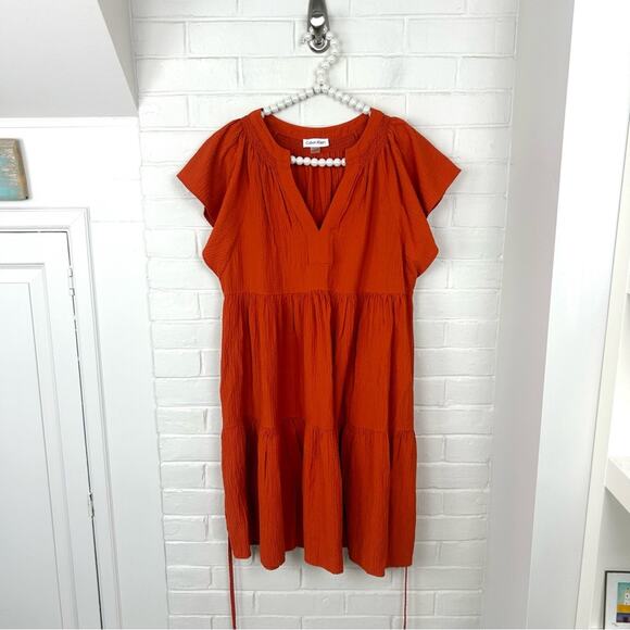 Calvin Klein Orange Flutter Sleeve Tiered Casual Dress Size 8 - Picture 1 of 11
